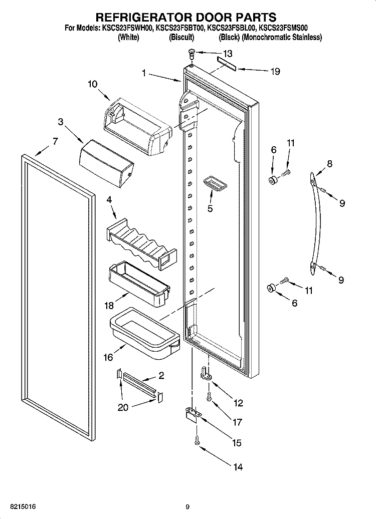 REFRIGERATOR DOOR PARTS Diagram and Parts List for KSCS23FSBL00  KitchenAid Refrigerator