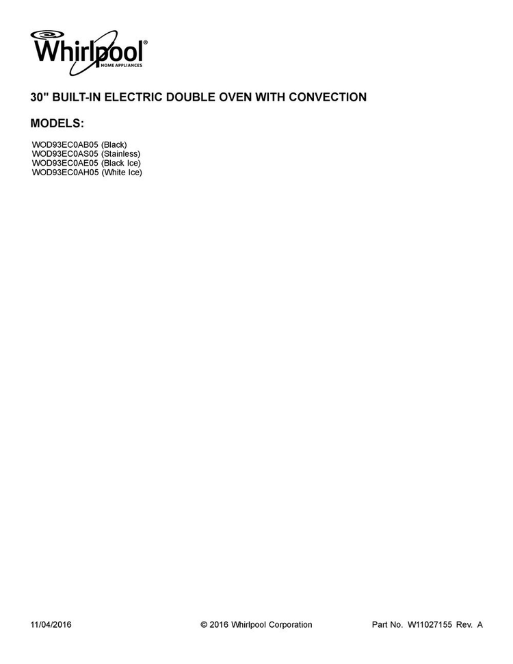 Cover Sheet Diagram and Parts List for WOD93EC0AS05  Whirlpool Wall Oven