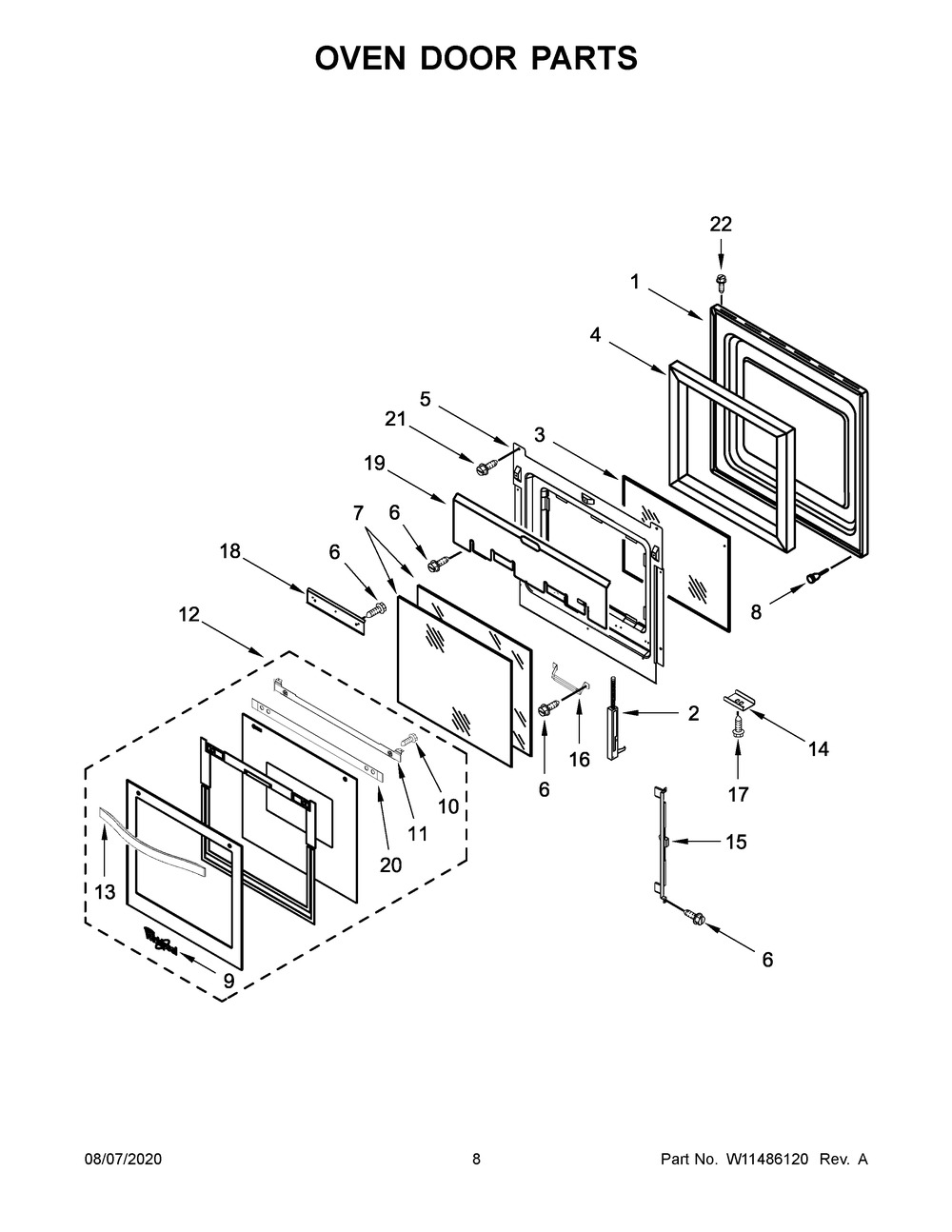 Oven Door Parts Diagram and Parts List for WOD51ES4EB02  Whirlpool Wall Oven