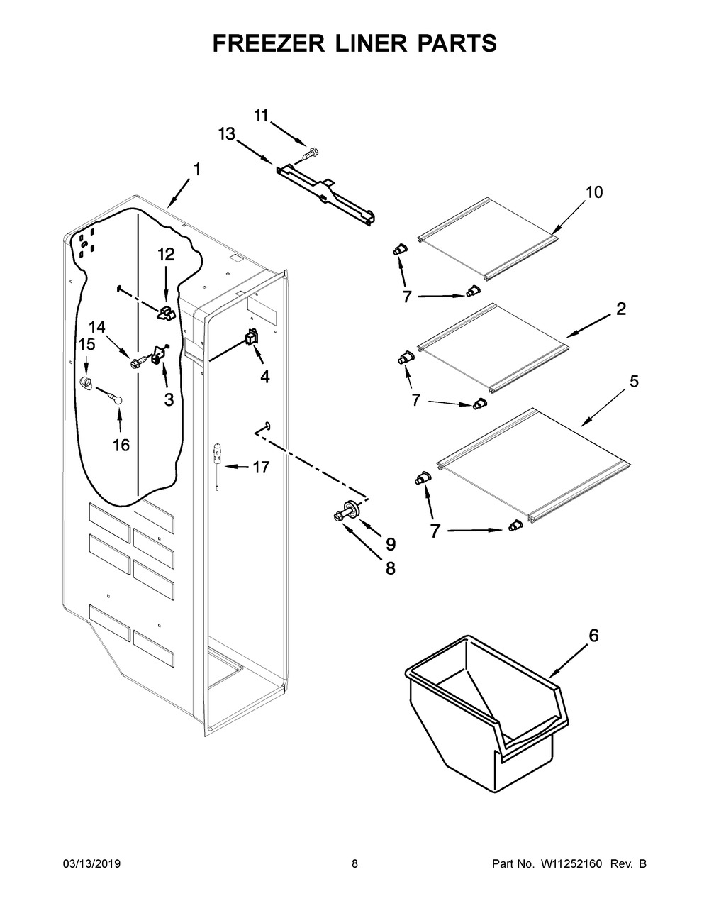 Freezer Liner Parts Diagram and Parts List for WRS325SDHB01  Whirlpool Refrigerator