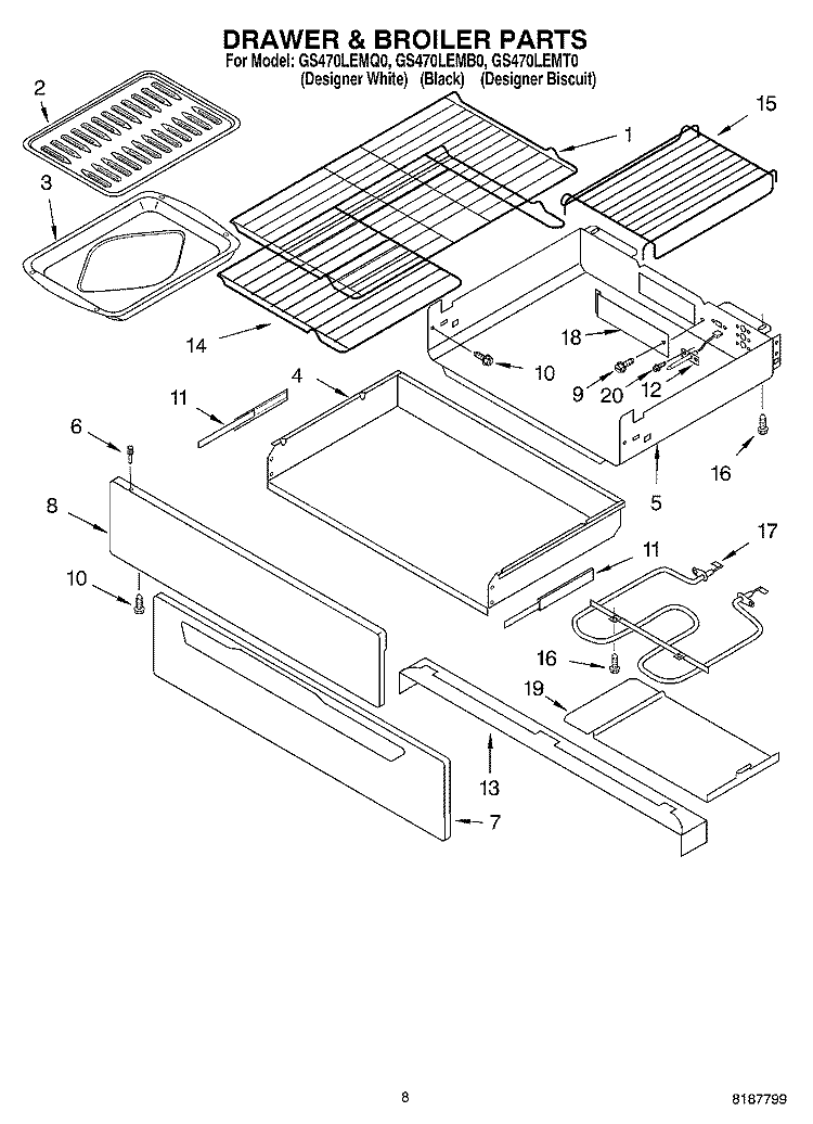 DRAWER & BROILER PARTS, MISCELLANEOUS PARTS Diagram and Parts List for GS470LEMQ0  Whirlpool Range
