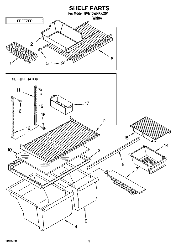 SHELF PARTS, OPTIONAL PARTS Diagram and Parts List for 8VET0WPKKQ04  Whirlpool Refrigerator