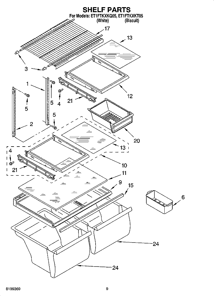 SHELF PARTS, OPTIONAL PARTS Diagram and Parts List for ET1FTKXKQ05  Whirlpool Refrigerator