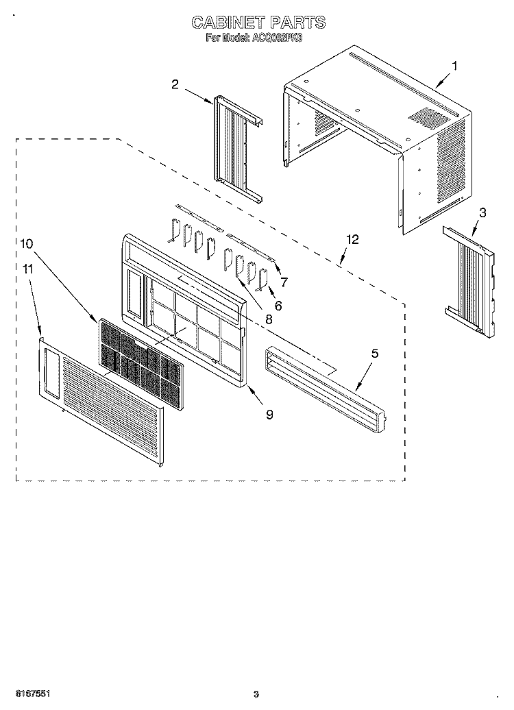 CABINET Diagram and Parts List for ACQ062PK0  Whirlpool Air Conditioner