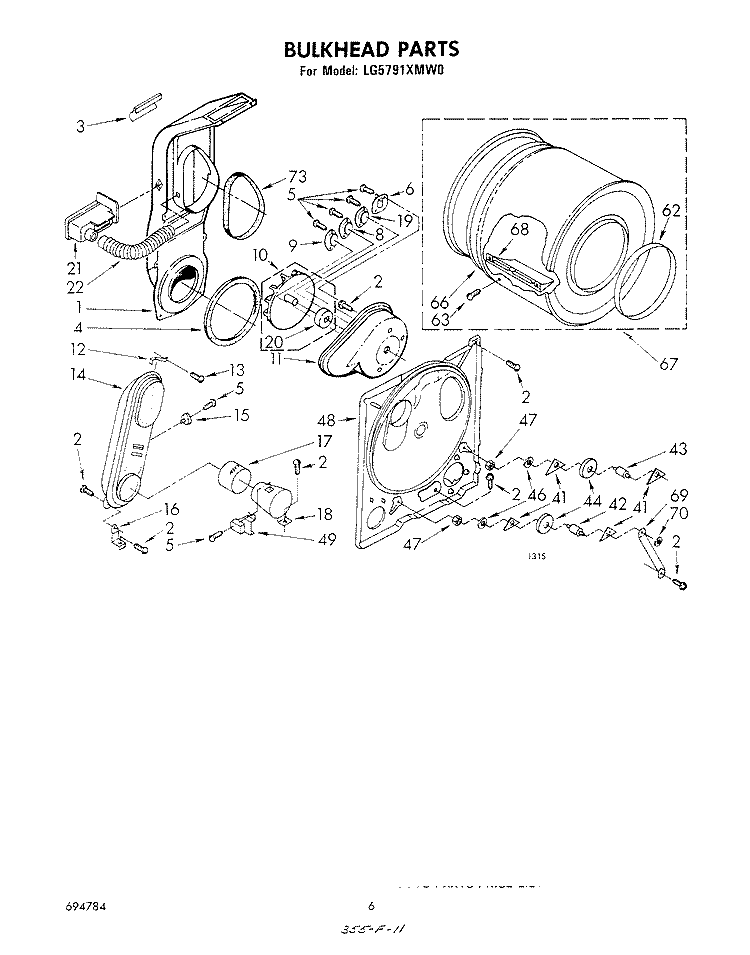 BULKHEAD Diagram and Parts List for LG5791XMW0  Whirlpool Dryer