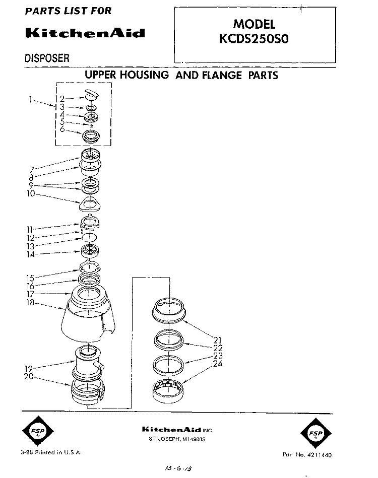 SECTION Diagram and Parts List for KCDS250S0  KitchenAid Food Waste Disposer