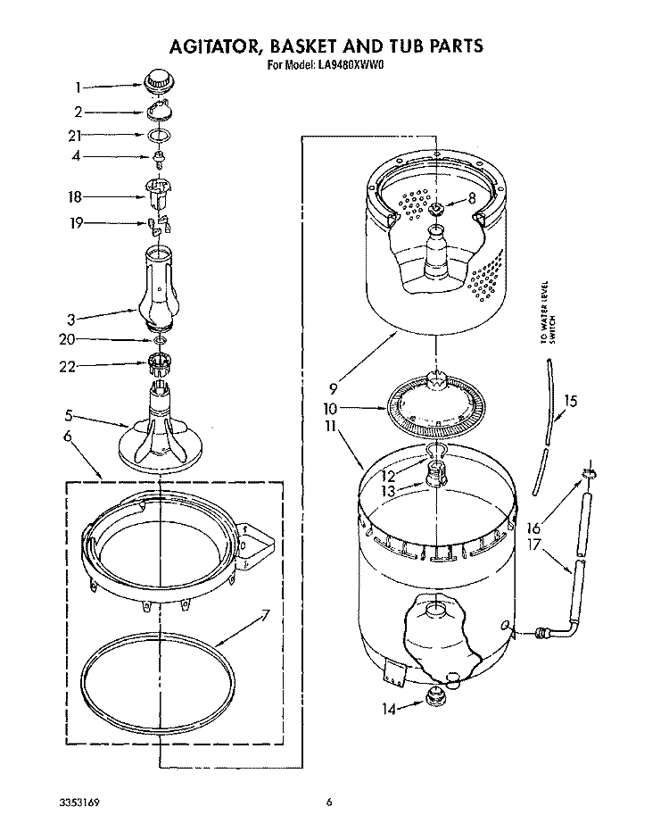 AGITATOR, BASKET AND TUB Diagram and Parts List for LA9480XWG0  Whirlpool Washer