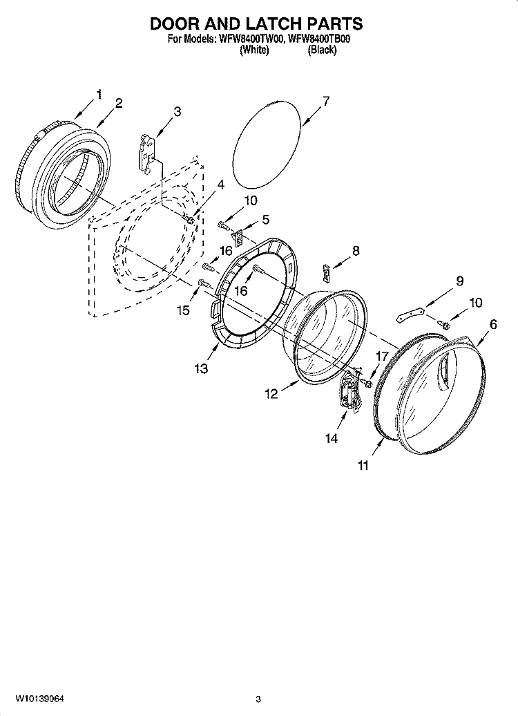DOOR AND LATCH PARTS Diagram and Parts List for WFW8400TB00  Whirlpool Washer