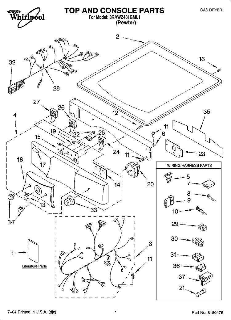 TOP AND CONSOLE PARTS Diagram and Parts List for 3RAWZ481GML1  Whirlpool Dryer