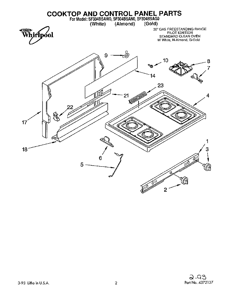 COOKTOP AND CONTROL PANEL, LIT/OPTIONAL Diagram and Parts List for SF304BSAG0  Whirlpool Range