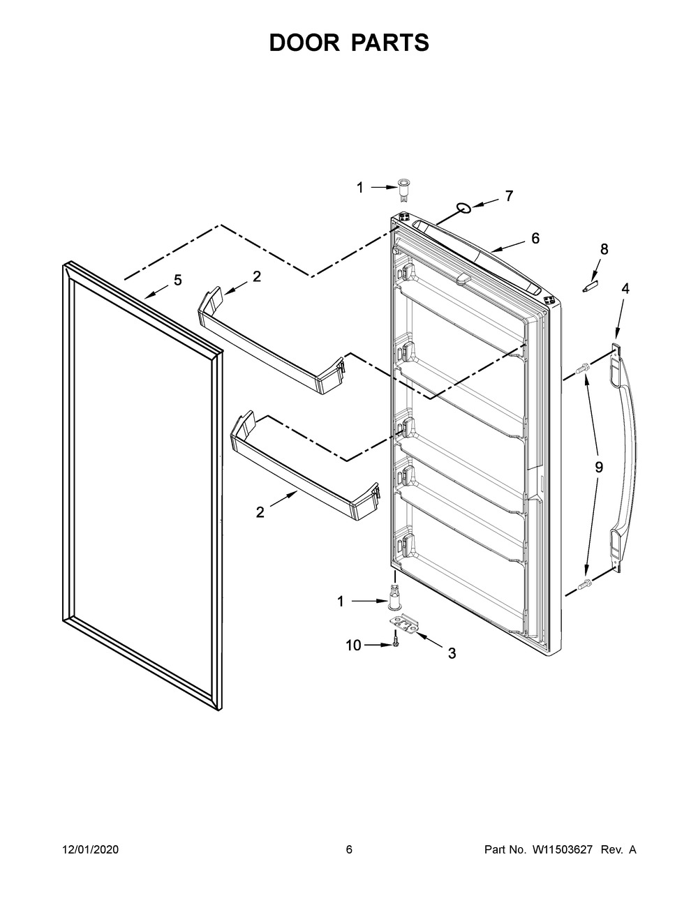 Door Parts Diagram and Parts List for WZF56R16DW06  Whirlpool Freezer