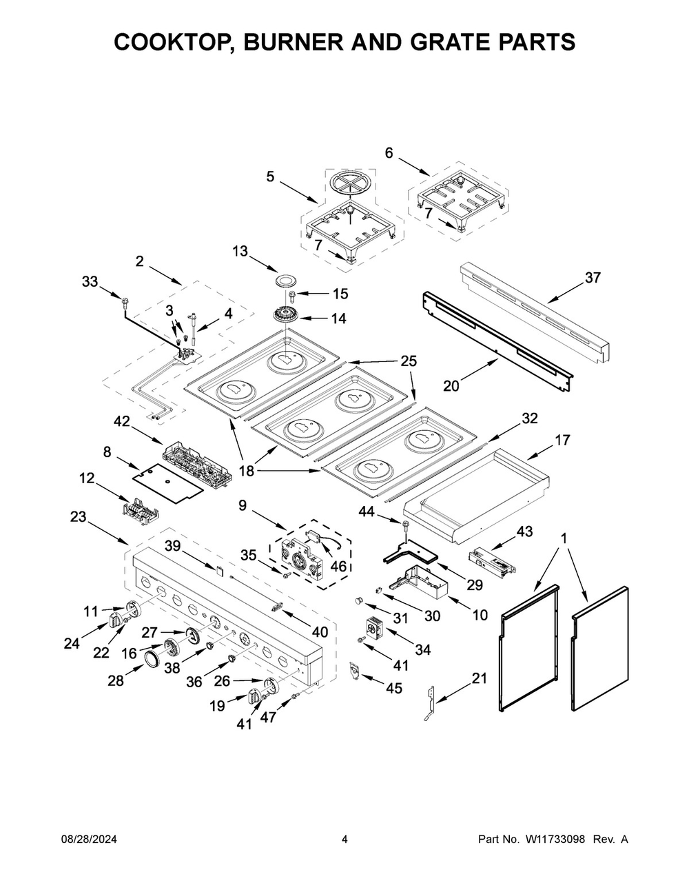 03 - Cooktop, Burner And Grate Parts Diagram and Parts List for KFGC558JMH07  Whirlpool Range