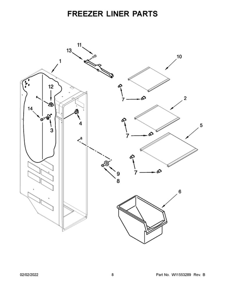 Freezer Liner Parts 1 Diagram and Parts List for WRS315SDHM08  Whirlpool Refrigerator