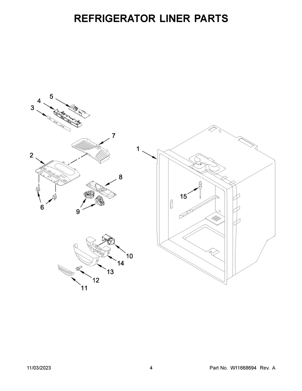 Refrigerator Liner Parts Diagram and Parts List for WRB329DFBW05  Whirlpool Refrigerator