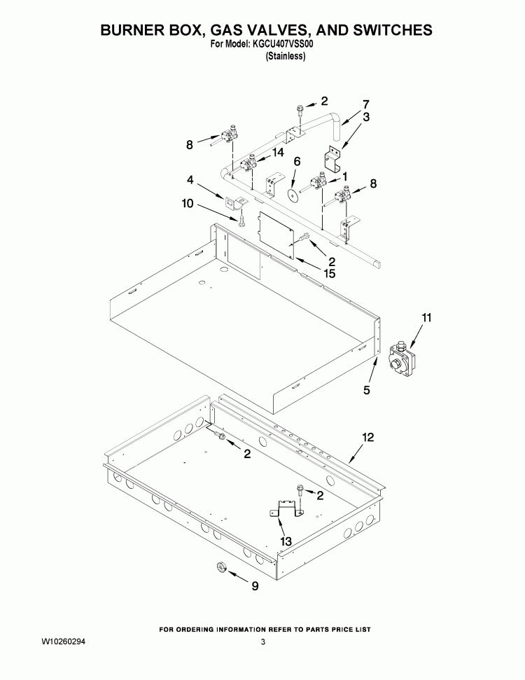 BURNER BOX, GAS VALVES, AND SWITCHES Diagram and Parts List for KGCU407VSS00  KitchenAid Cooktop