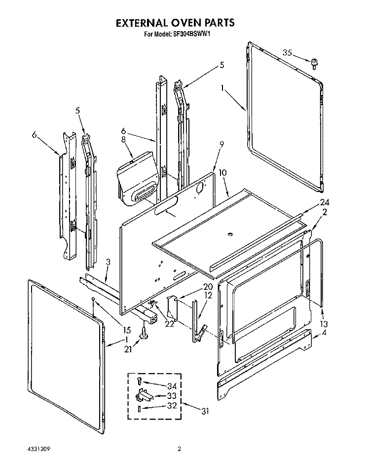 EXTERNAL OVEN Diagram and Parts List for SF304BSWW1  Whirlpool Range