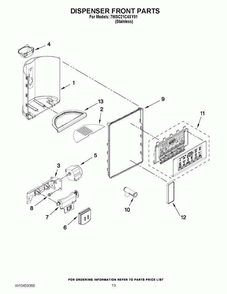 DISPENSER FRONT PARTS Diagram and Parts List for 7WSC21C4XY01  Whirlpool Refrigerator