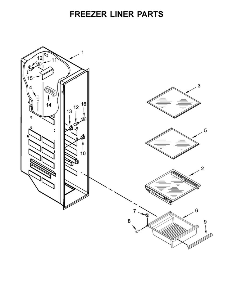 Freezer Liner Parts Diagram and Parts List for WRS586FIEH00  Whirlpool Refrigerator