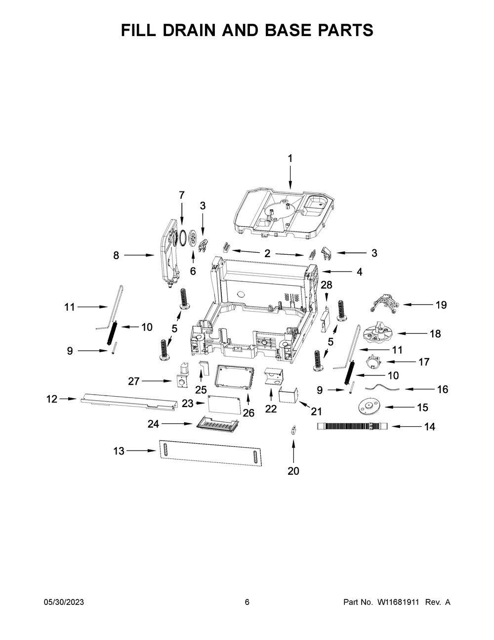Fill Drain And Base Parts Diagram and Parts List for WDF518SAHB1  Whirlpool Dishwasher