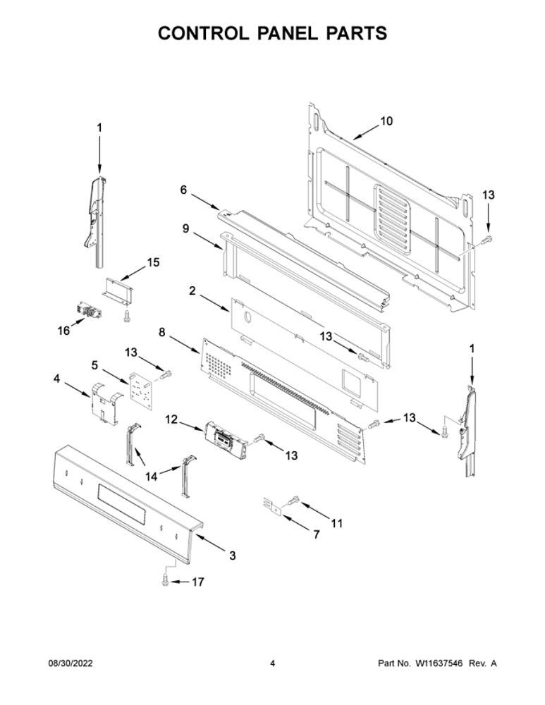Control Panel Parts Diagram and Parts List for WFG525S0JV5  Whirlpool Range