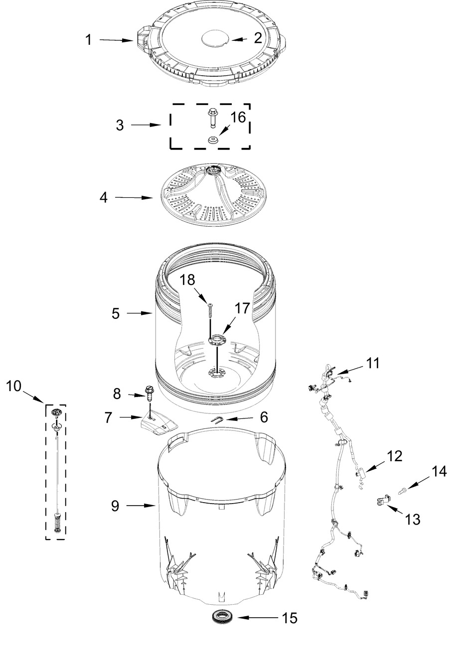 Basket And Tub Parts Diagram and Parts List for WTW4100SW0  Whirlpool Washer