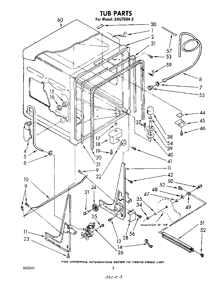 TUB , LITERATURE AND OPTIONAL Diagram and Parts List for SHU75042  Whirlpool Dishwasher
