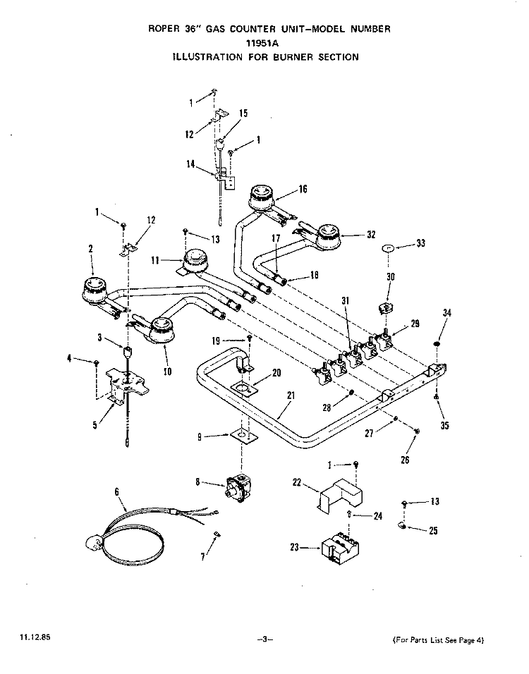 SECTION Diagram and Parts List for 1195W1A  Roper Cooktop