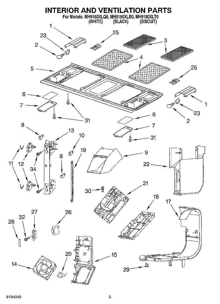INTERIOR AND VENTILATION Diagram and Parts List for MH9180XLT0  Whirlpool Microwave