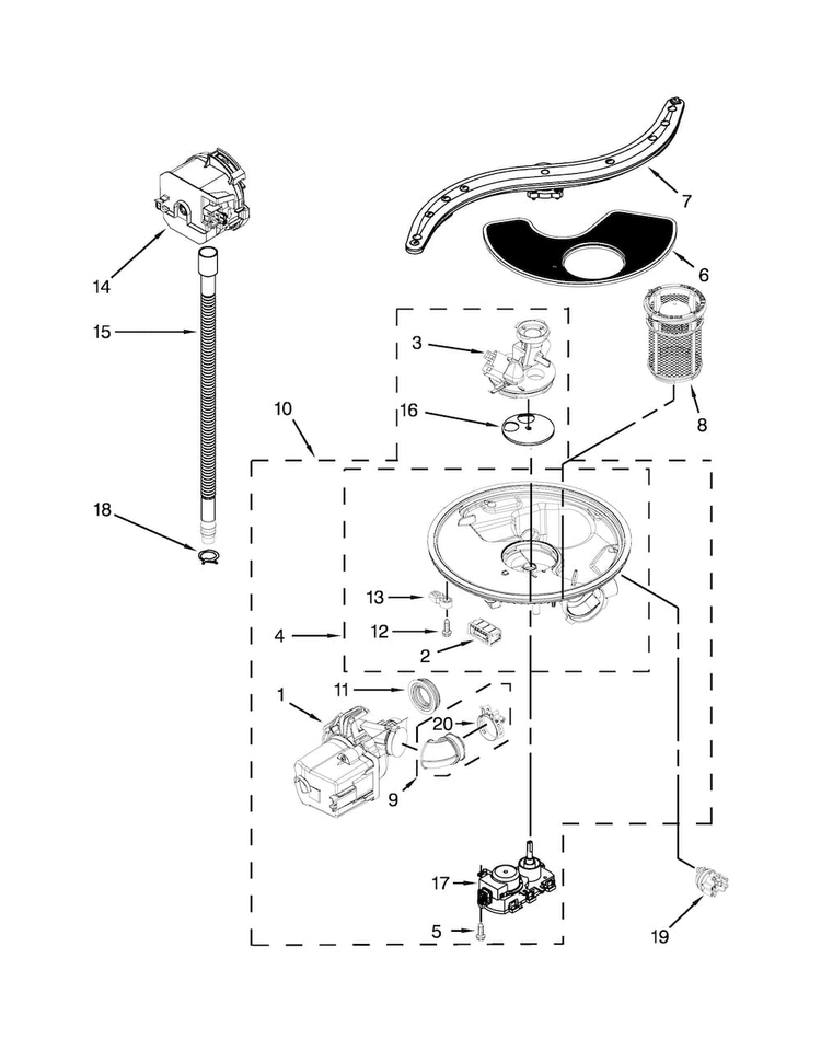 Pump, Washarm And Motor Parts Diagram and Parts List for KDFE454CSS1  KitchenAid Dishwasher
