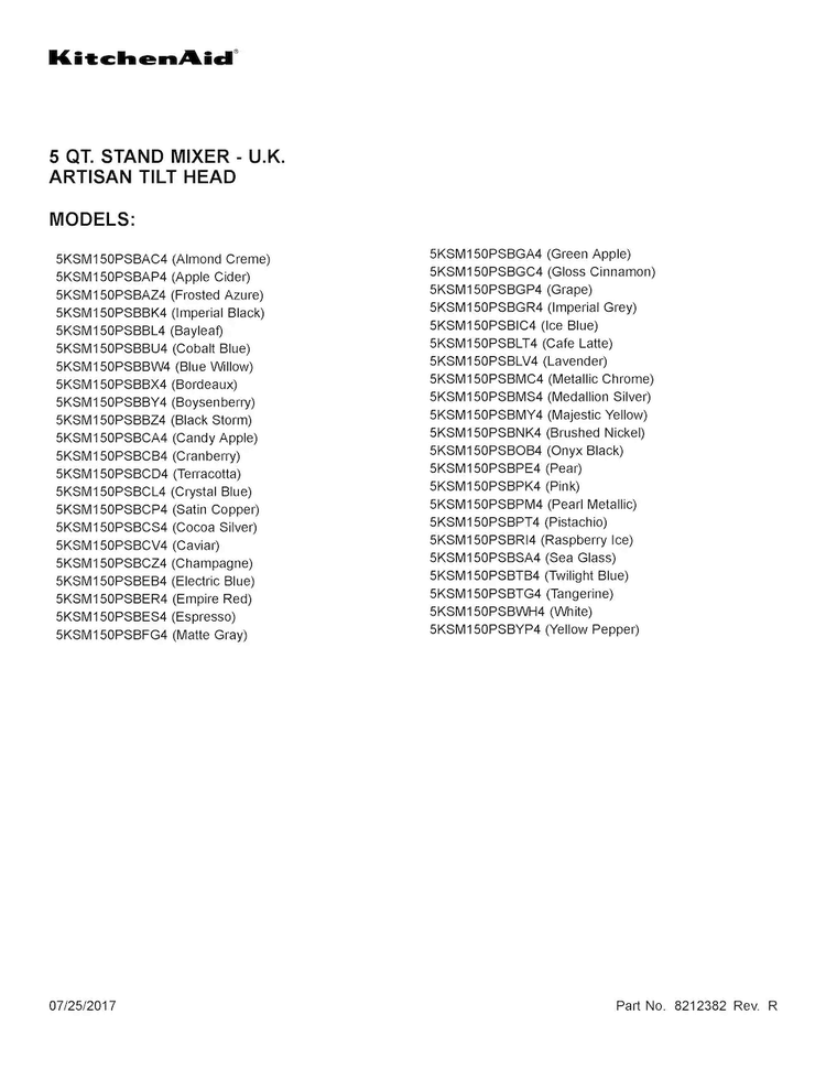 Cover Sheet Diagram and Parts List for 5KSM150PSBSA4  KitchenAid Mixer