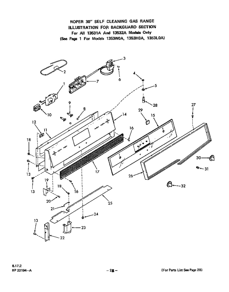 Backguard Diagram and Parts List for 1353*2A  Roper Range