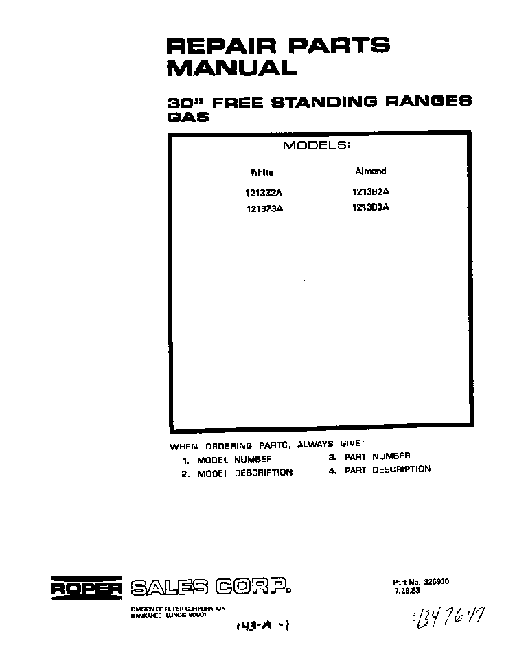 Cover Page-text Only Diagram and Parts List for 1213*3A  Roper Range