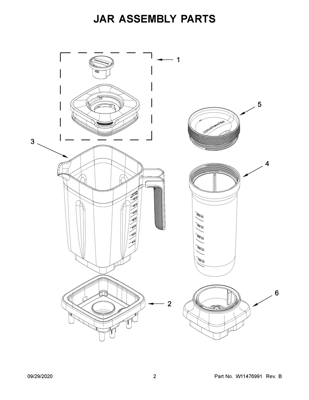 Jar Assembly Parts Diagram and Parts List for KSB1332PA0  Whirlpool Blender