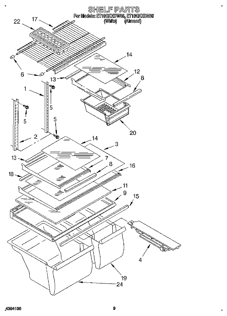SHELF, LIT/OPTIONAL Diagram and Parts List for ET18GKXDN05  Whirlpool Refrigerator