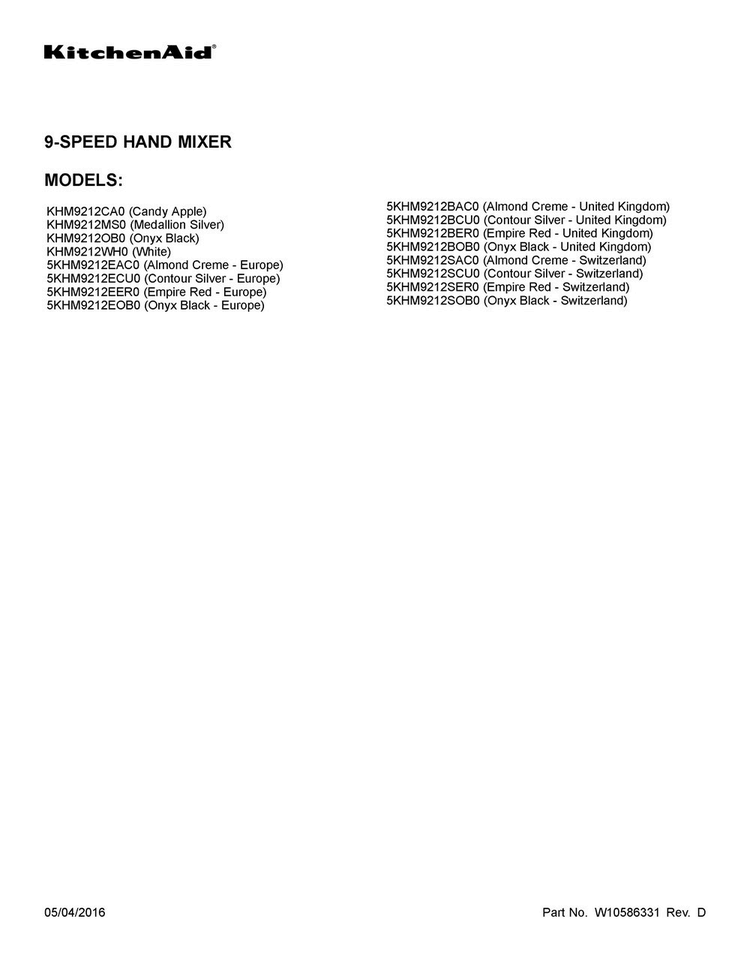 Cover Sheet Diagram and Parts List for 5KHM9212EAC0  KitchenAid Mixer