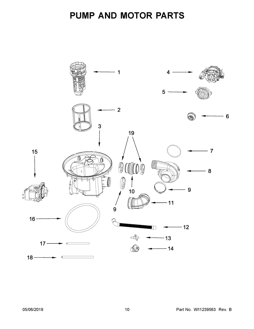 Pump And Motor Parts Diagram and Parts List for WDF550SAHS0  Whirlpool Dishwasher