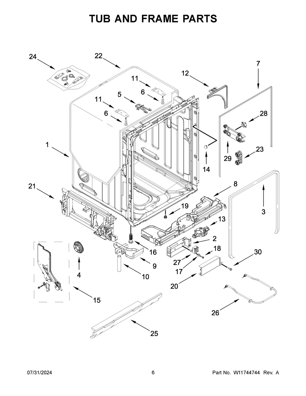 04 - Tub And Frame Parts Diagram and Parts List for KDTE304RPS0  Whirlpool Dishwasher