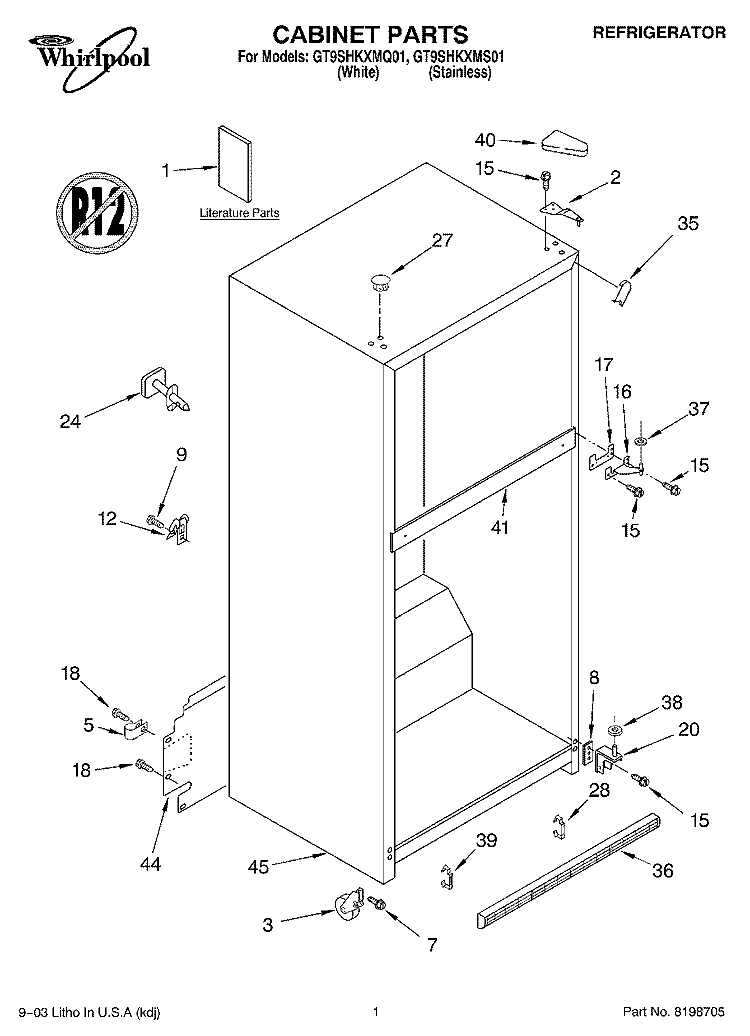 CABINET PARTS Diagram and Parts List for GT9SHKXMS01  Whirlpool Refrigerator