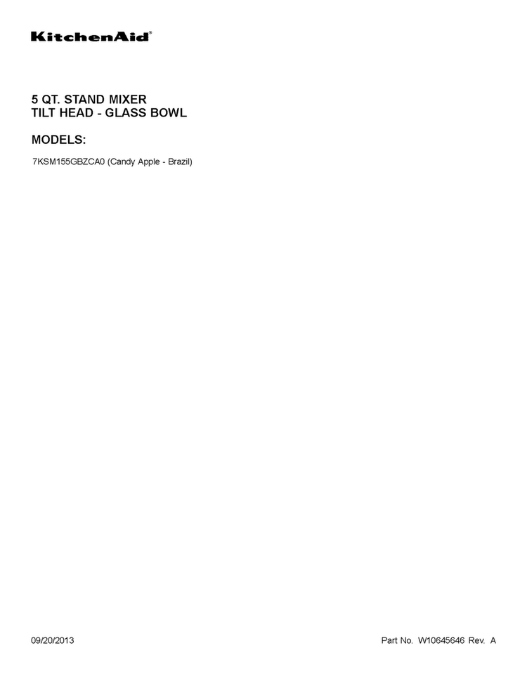 Cover Sheet Diagram and Parts List for 7KSM155GBZCA0  KitchenAid Mixer
