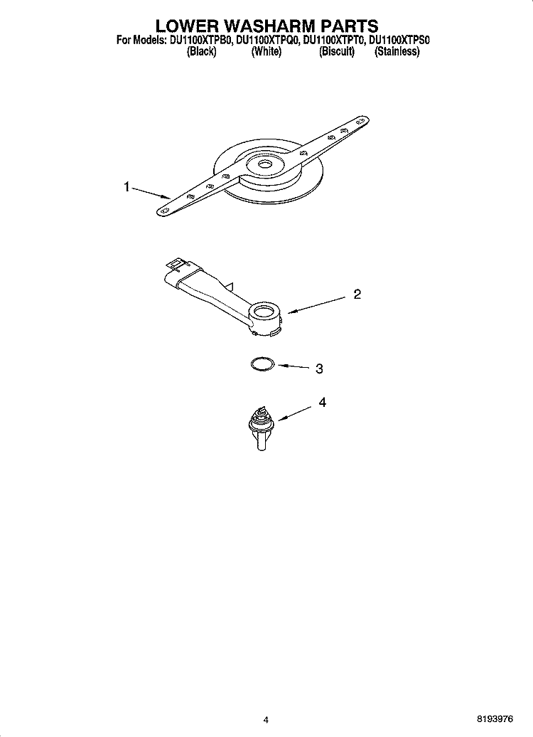 LOWER WASHARM PARTS Diagram and Parts List for DU1100XTPB0  Whirlpool Dishwasher