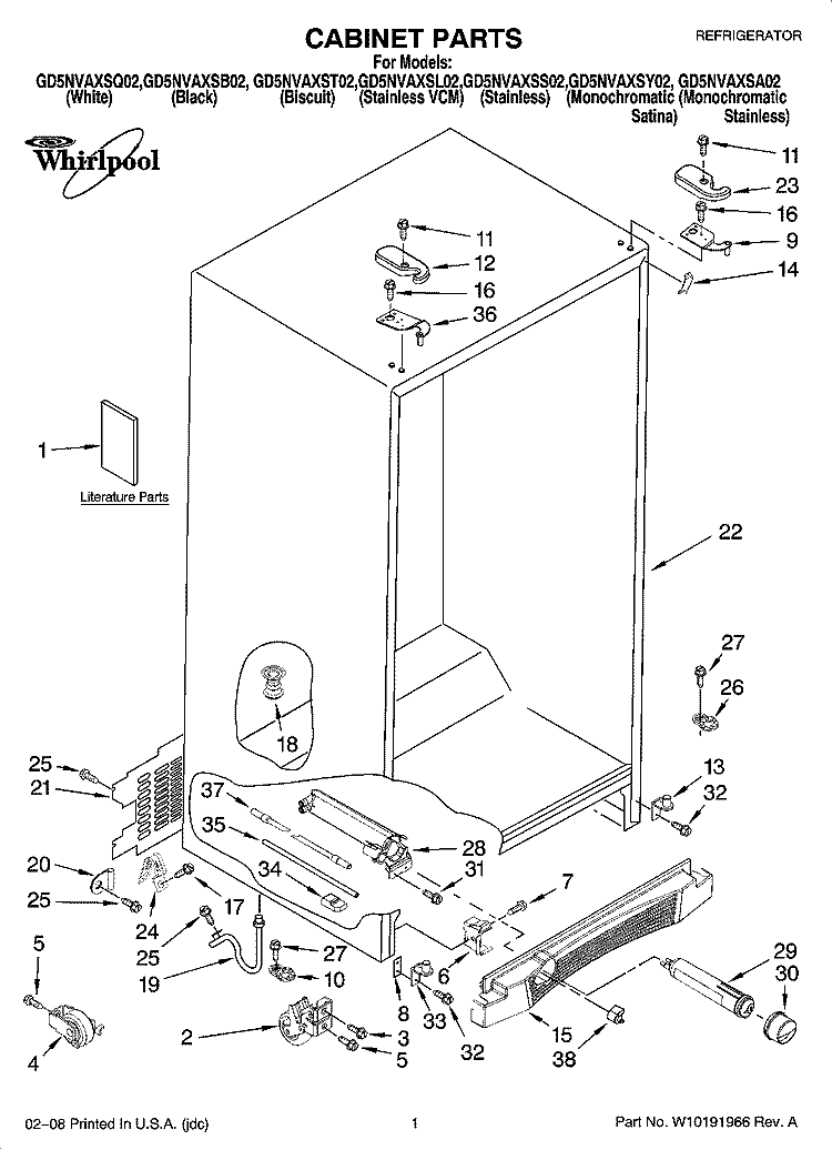 CABINET PARTS Diagram and Parts List for GD5NVAXSA02  Whirlpool Refrigerator