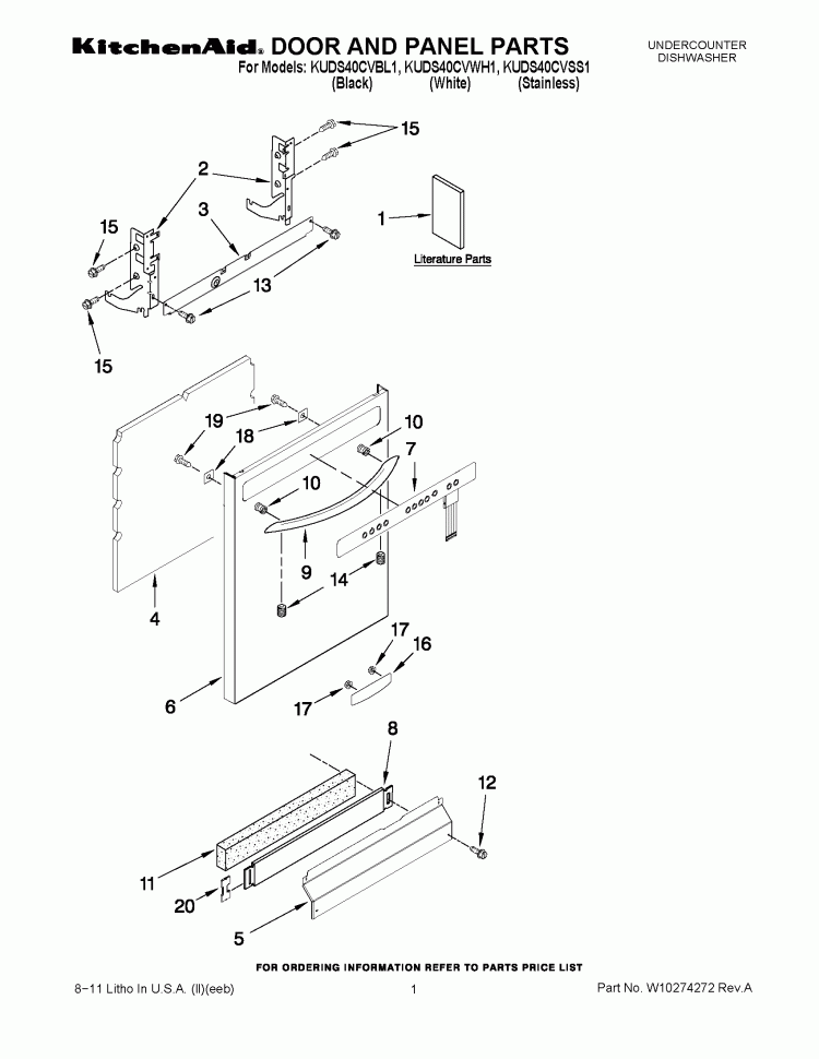 DOOR AND PANEL PARTS Diagram and Parts List for KUDS40CVSS1  KitchenAid Dishwasher
