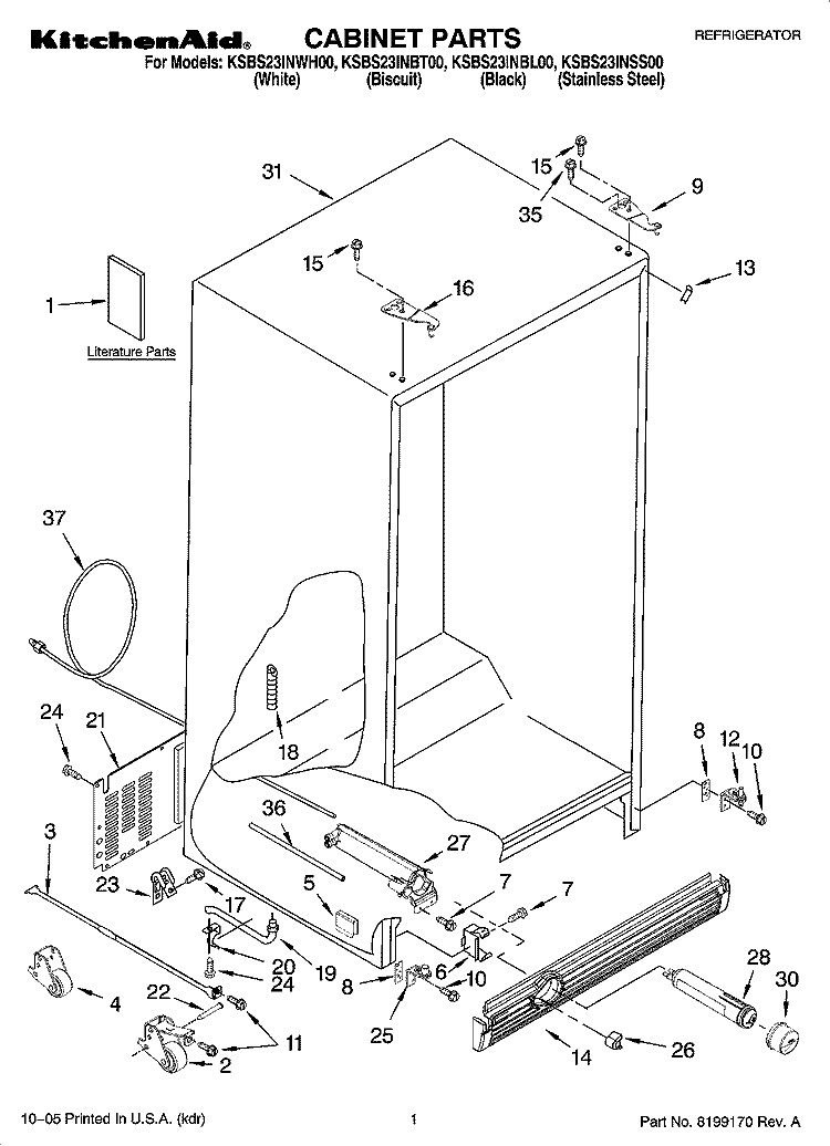 CABINET PARTS Diagram and Parts List for KSBS23INBL00  KitchenAid Refrigerator