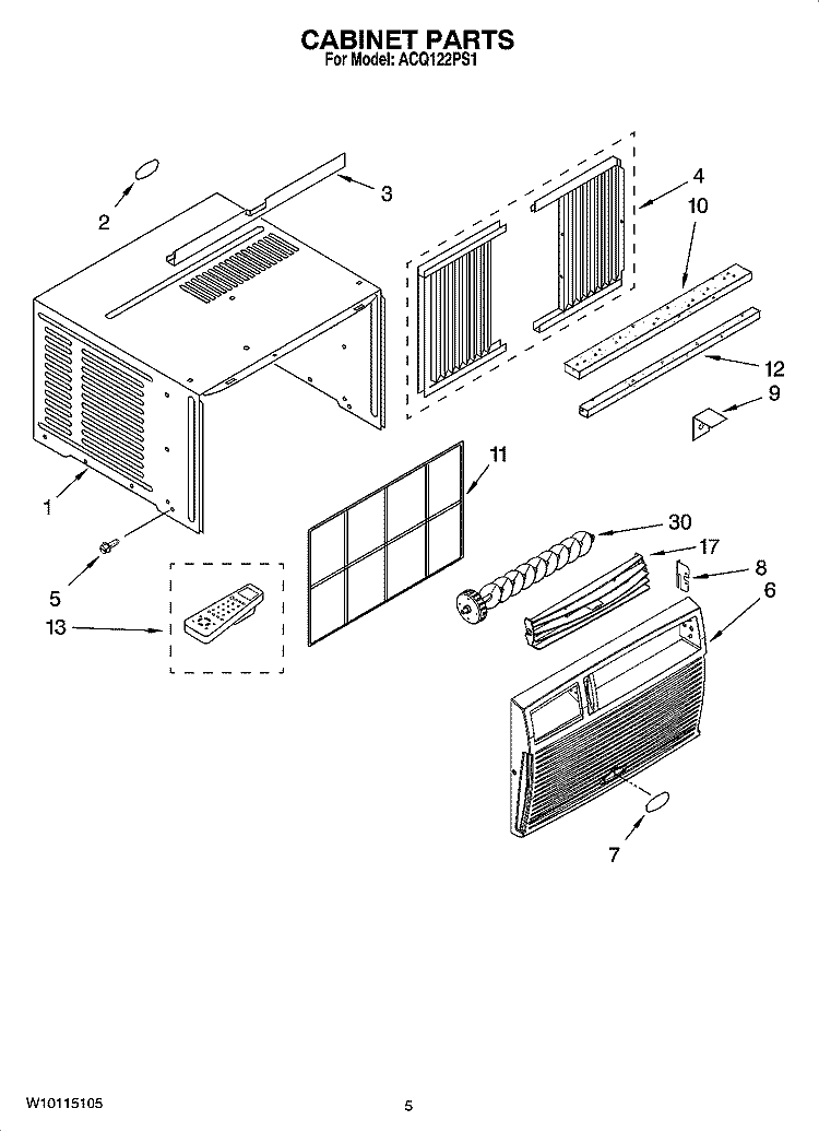 CABINET PARTS Diagram and Parts List for ACQ122PS1  Whirlpool Air Conditioner