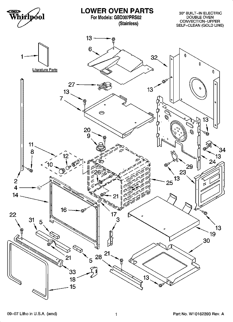 LOWER OVEN PARTS Diagram and Parts List for GBD307PRS02  Whirlpool Wall Oven