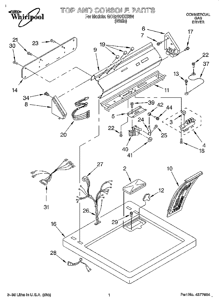 TOP AND CONSOLE Diagram and Parts List for GCG2901XSW4  Whirlpool Dryer