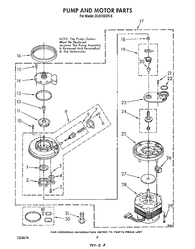 PUMP AND MOTOR Diagram and Parts List for DU9700XR6  Whirlpool Dishwasher