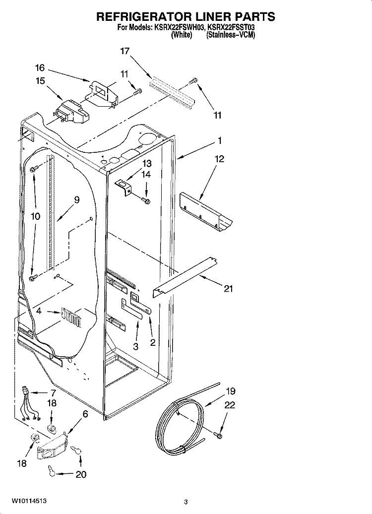 REFRIGERATOR LINER PARTS Diagram and Parts List for KSRX22FSST03  KitchenAid Refrigerator