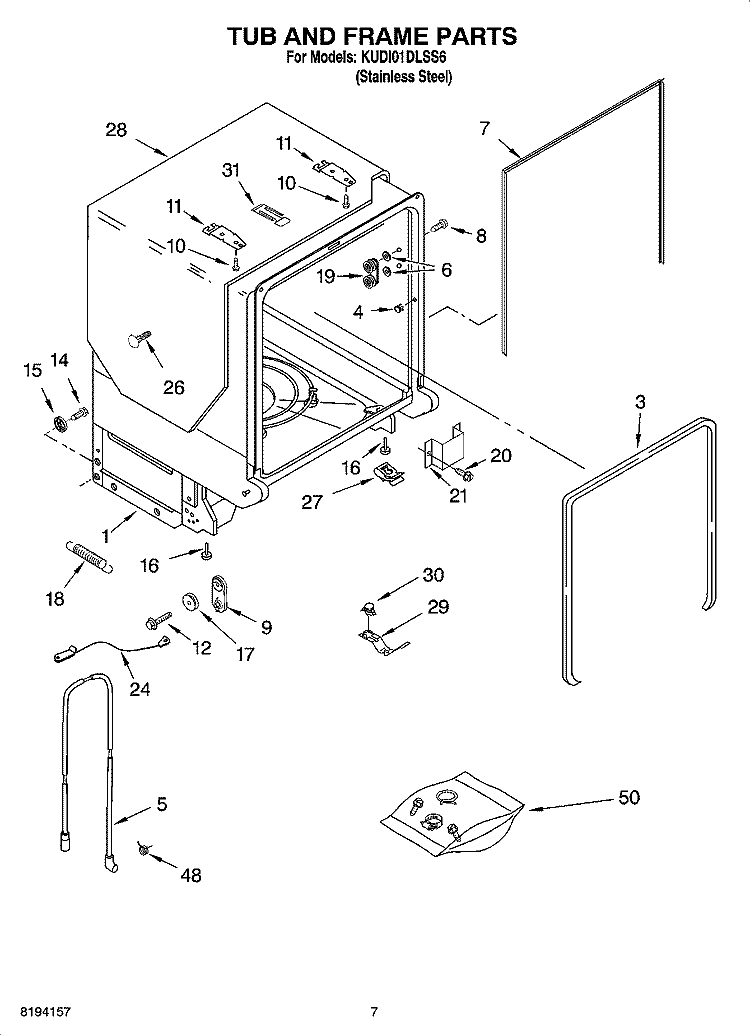 TUB AND FRAME PARTS Diagram and Parts List for KUDI01DLSS6  KitchenAid Dishwasher