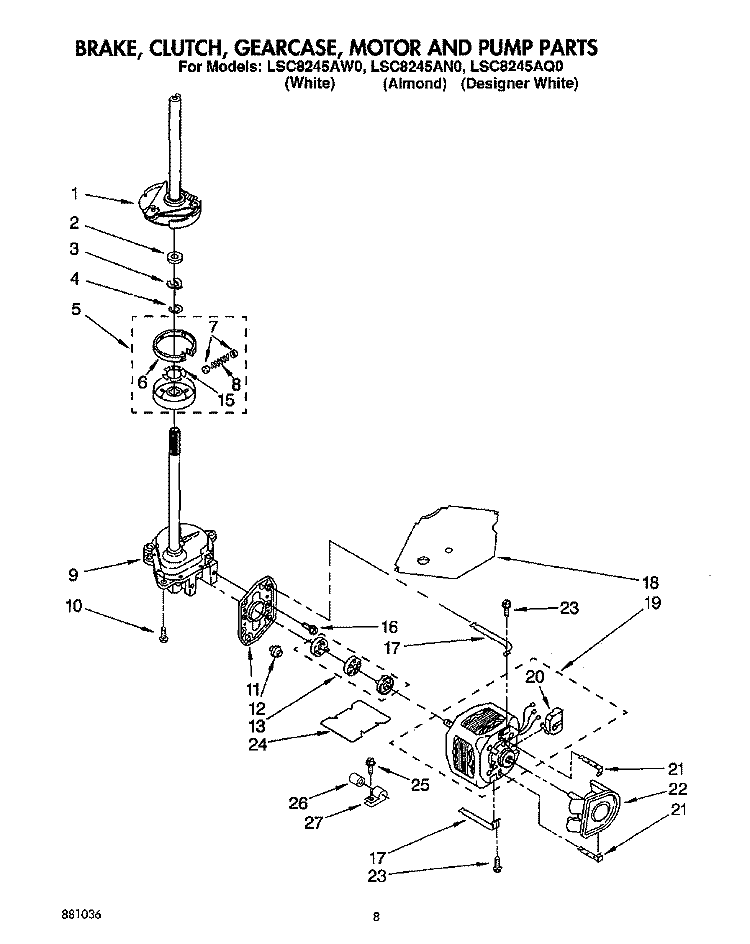 BRAKE, CLUTCH, GEARCASE, MOTOR AND PUMP Diagram and Parts List for LSC8245AQ0  Whirlpool Washer